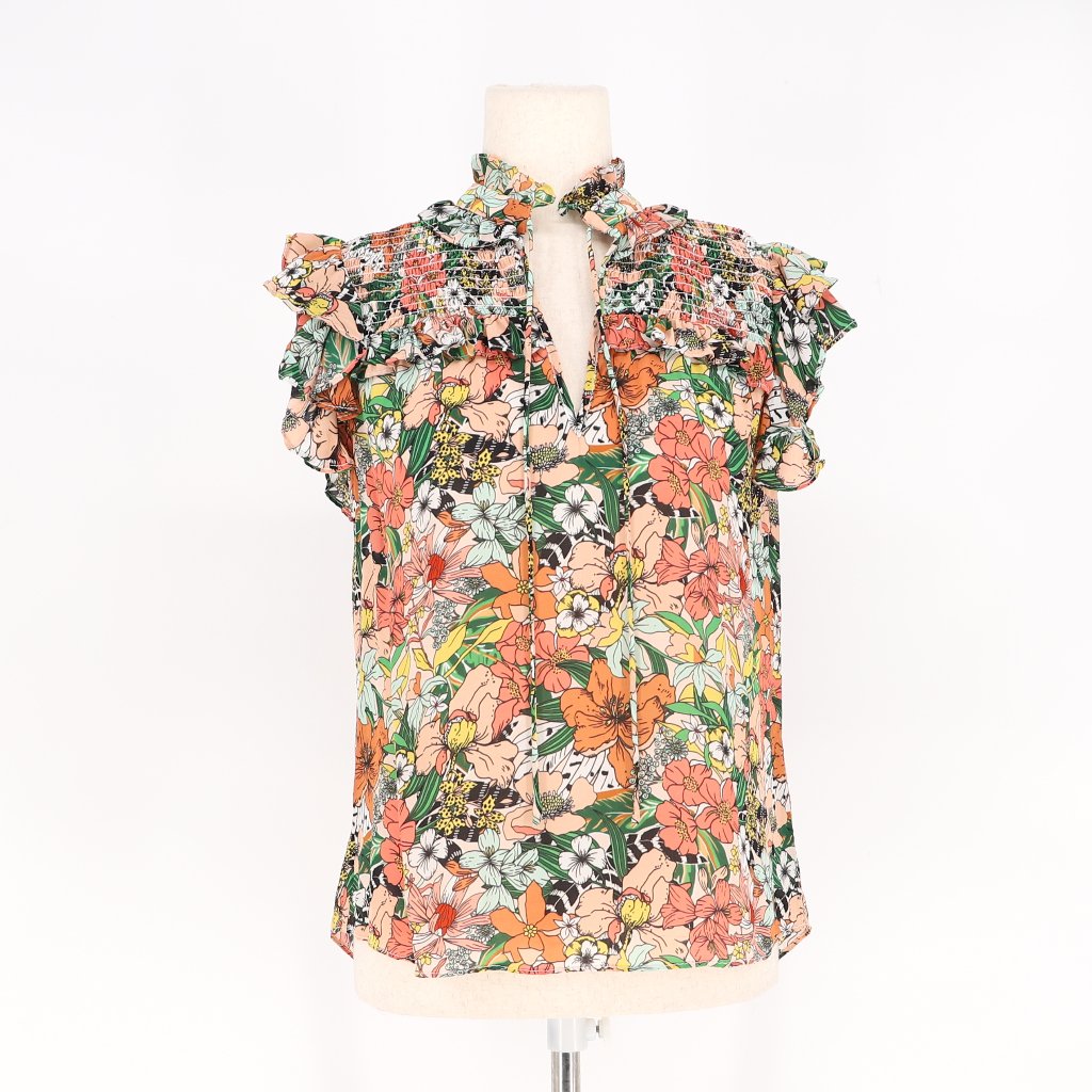 Gilner Farrar Sienna Blouse Smocked Flutter Sleeves Green/Orange Floral Size Xs